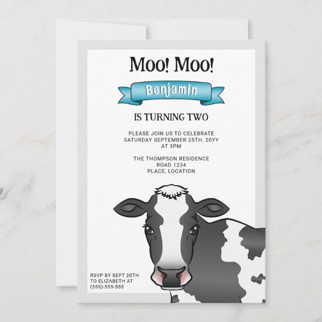 Invitation Vache noire et blanche avec anniversaire de la fer (Devant)