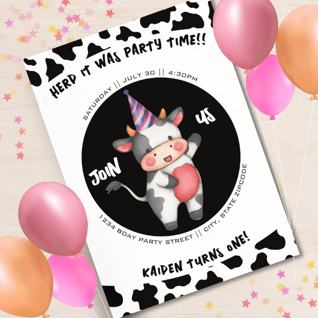 Invitation Vache noire et blanche Imprimer Premier anniversai (watercolor cow print kids first birthday party invitation)