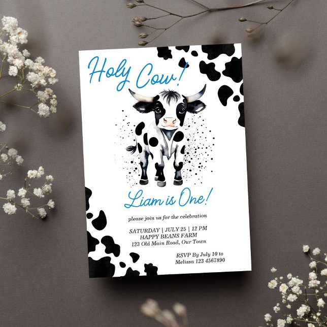 Invitation Vache noire et bleue jolie vache fête d'anniversai (Holy cow birthday party template invitation instant download cute baby bull first birthday black)