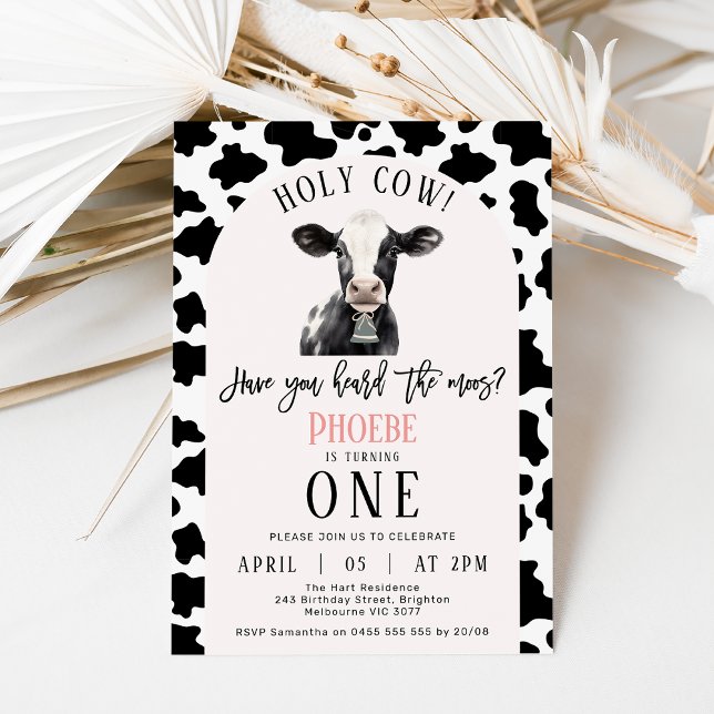 Invitation Vache noire Imprimer Arche rose Vache sainte 1er a (Sweet holy cow themed 1st birthday invitation featuring a black and white cow, cow print and cowbell)