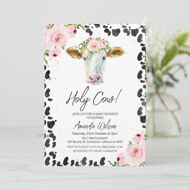 Invitation Vache noire rose florale Imprimer Saint Baby showe (Debout devant)