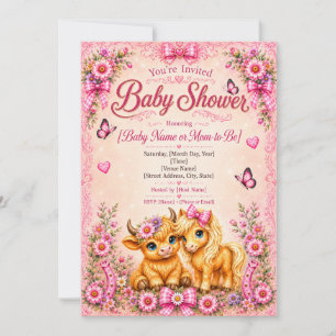 Invitation Vache occidentale rose Highland & Poney Baby Showe