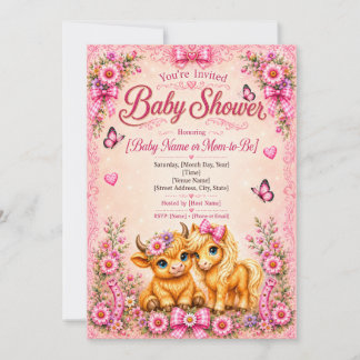Invitation Vache occidentale rose Highland & Poney Baby Showe