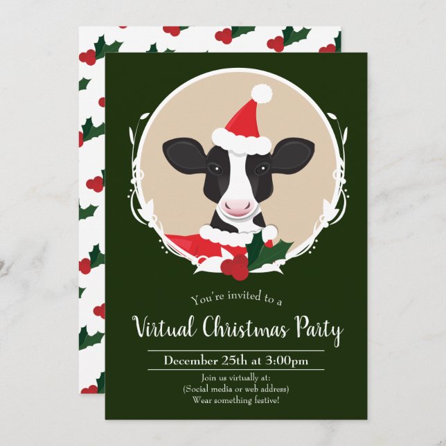 Invitation Vache Père Noël Vert Blanc Virtuel Noël (Devant / Derrière)
