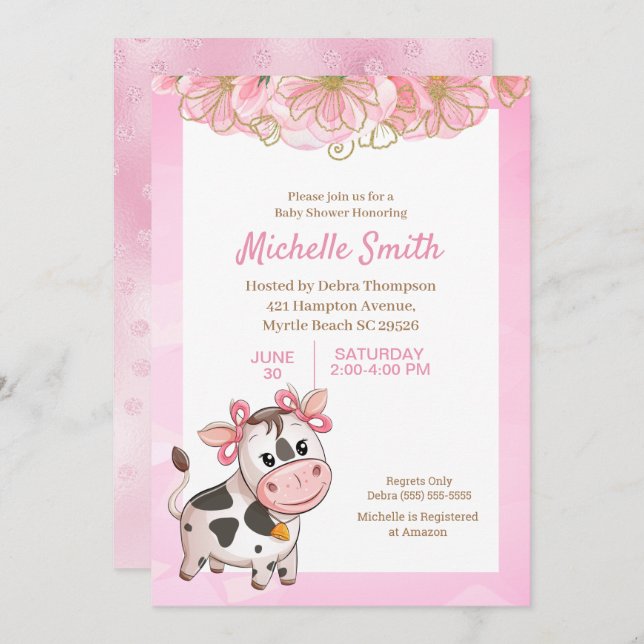 Invitation Vache rose et blanc mignonne Baby shower floral In (Devant / Derrière)