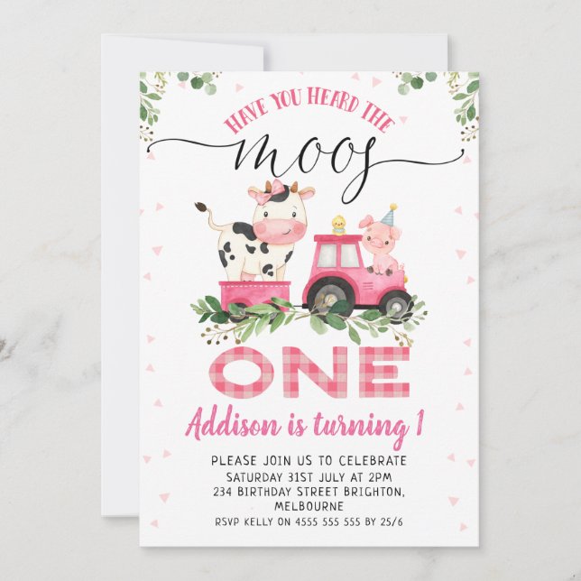 Invitation Vache rose Plaid Moos premier anniversaire (Devant)
