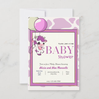 Invitation Vache rose pourpre avec baby shower à ballon