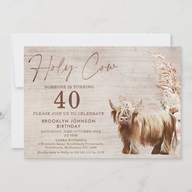 Invitation Vache rustique Highland Holy Cow 40th Birthday (Devant)