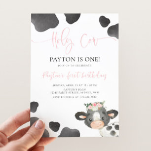 Invitation Vache sacrée 1er anniversaire, fille florale Vache