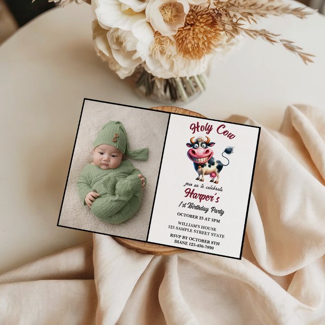 Invitation Vache sacrée ! 1er anniversaire | Premier annivers (Holy Cow! 1st Birthday | Animal First Birthday Invitation
)