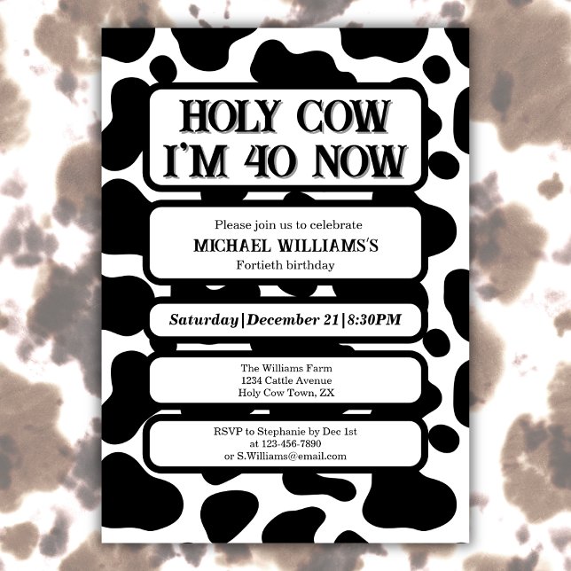 Invitation Vache Sacrée Anniversaire 40 Ans Noir Blanc (Créateur téléchargé)