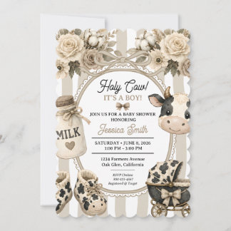 Invitation Vache sacrée garçon Baby Shower Bohème Floral Aqua