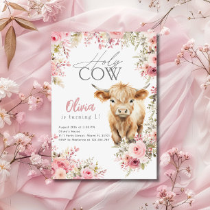 Invitation Vache sacrée, j'ai un an Cow Highland Rose Floral