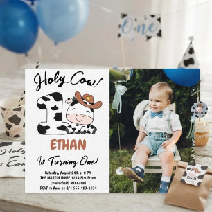 Invitation Vache sacrée, j'ai un an Garçon 1ère photo d'anniv
