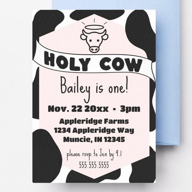 Invitation Vache Saint Vache Vache de bébé Imprimer Joli Anni (holy cow birthday invitation cute modern custom details pink cow print trendy bday invite)