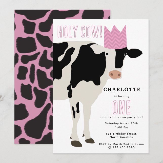 Invitation Vache Sainte Fête d'anniversaire pour enfants Thèm (Devant / Derrière)