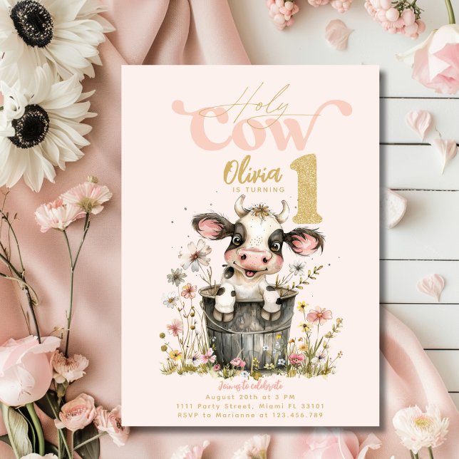 Invitation Vache Sainte Je Suis Une Cow Girl Rose 1er 1ère An (Holy Cow I'm One Cow Girl Pink First 1st Birthday Invitation)