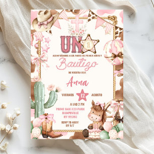 Invitation Vachère rose Uno espagnol baptême et premier rodéo