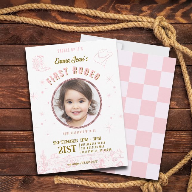 Invitation Vacheronne Rose Fille Premier Rodéo Anniversaire  (Pink Cowgirl First Rodeo Girl Birthday Invitation
)