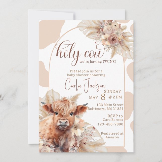 Invitation vaches de haute terre boho pampas herbe baby showe (Devant)