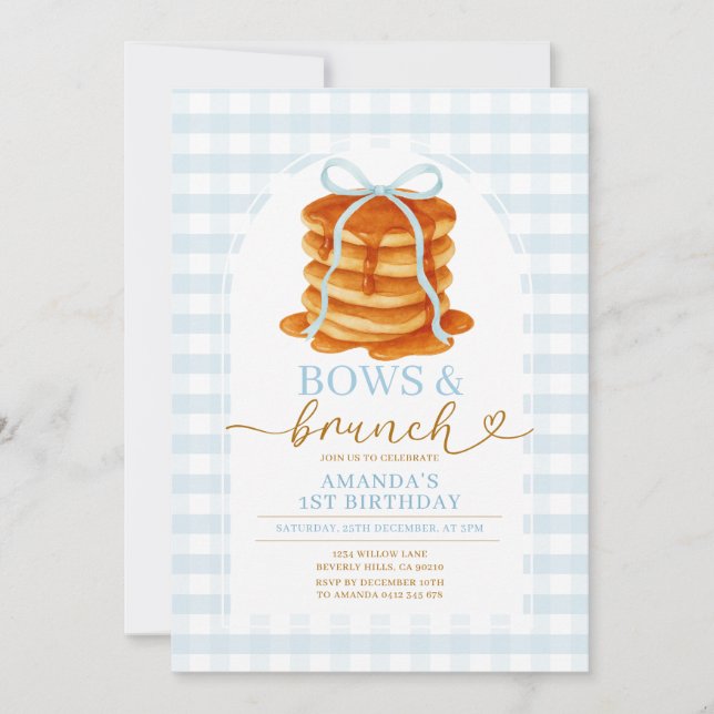 Invitation Vaches et Brunch Pancake Bleu 1er anniversaire En  (Devant)