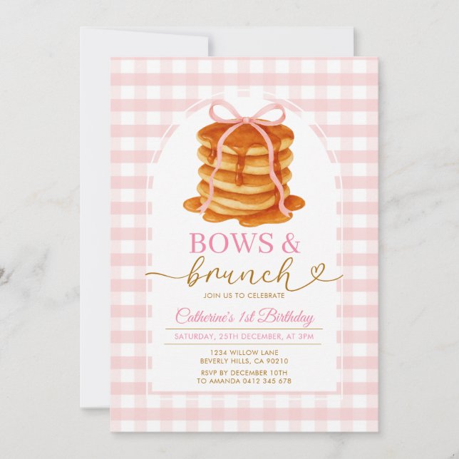 Invitation Vaches et Brunch Pancake rose 1er anniversaire En  (Devant)