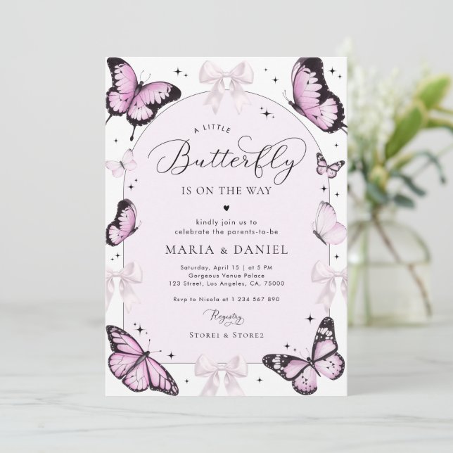 Invitation Vaches et papillons roses Baby shower fille rose (Debout devant)