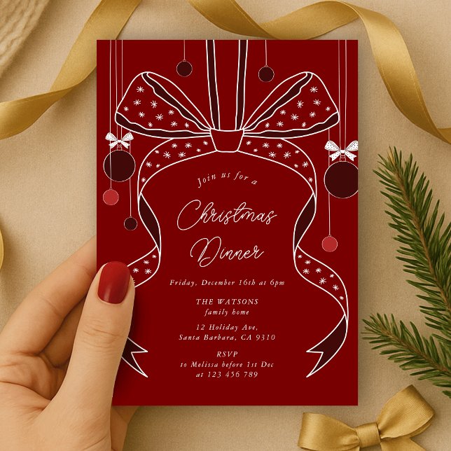 Invitation Vaches et rubans rouges uniques Soirée de Noël élé (elegant bow and ribbon Christmas party invitation red and white)