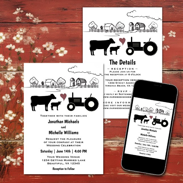 Invitation Vaches et tracteurs Country Farm Tout en un Mariag (Cows and Tractor Country Farm All in One Wedding Invitation
)