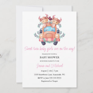 Invitation Vaches mignonnes Voiture rose Baby shower Twin Gir