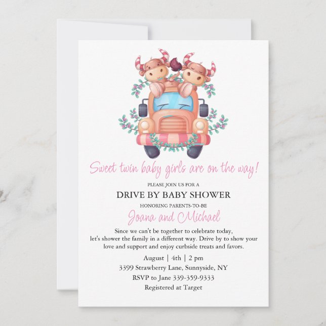 Invitation Vaches Roses Voiture Rose Twin Girls Conduite Par  (Devant)