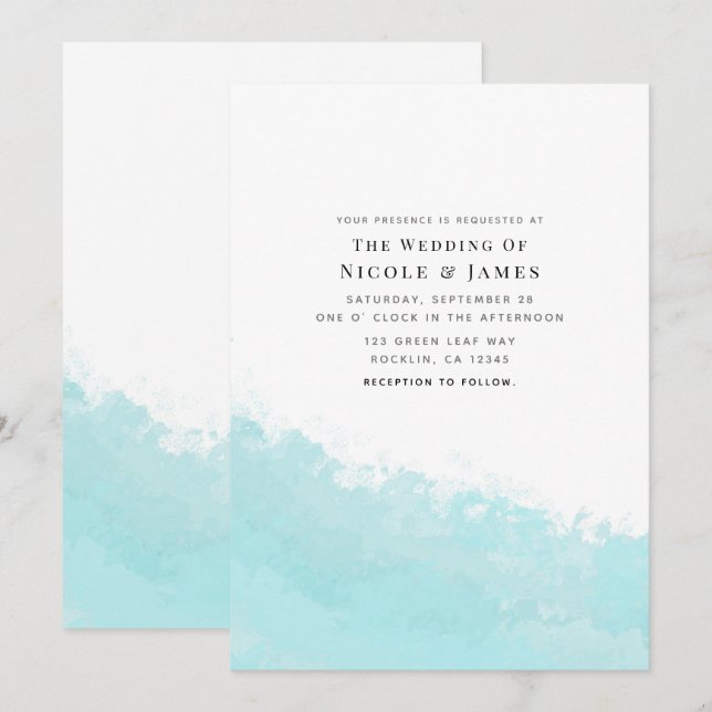 Invitation Vague de bleu aquatique frais mariage sur la plage (Devant / Derrière)
