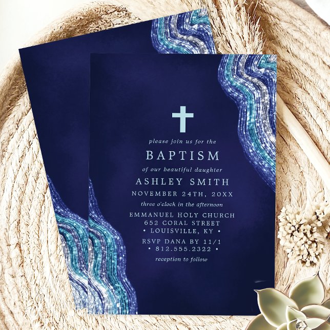 Invitation Vague d'eau de baptême pailletée bleu et argent (Créateur téléchargé)