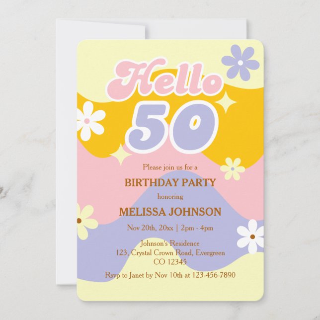 Invitation Vague Rétro Fleur Groovy Bon 50e Anniversaire  (Devant)