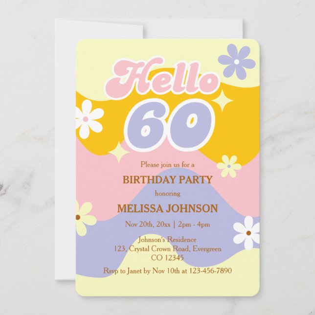 Invitation Vague Rétro Fleur Groovy Bonjour 60e Anniversaire  (Devant)