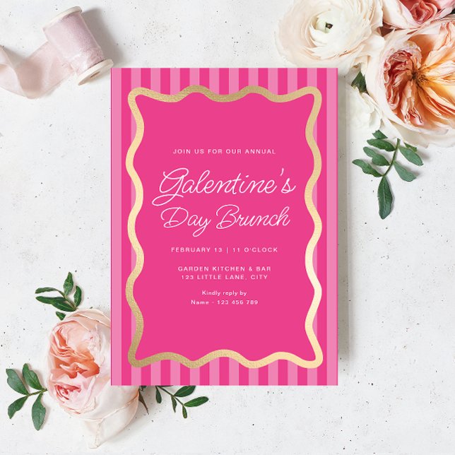 Invitation Vague rose Hot Pink Stripe Galentine's Day Brunch (Galentines Brunch Invitation Hot Pink Stripe)