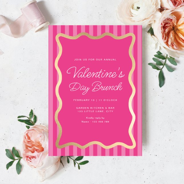 Invitation Vague rose Hot Pink Stripe Saint Valentin Brunch (Valentines Brunch Invitation Hot Pink Stripe)