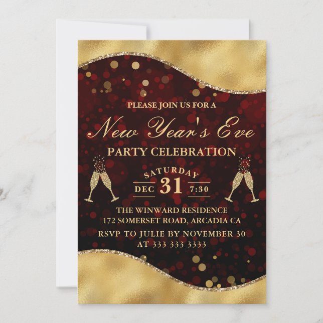Invitation Vague rouge et or Bordure de fête du Nouvel An (Devant)