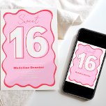 Invitation Vague rouge rétro rose grisamment gras Sweet 16<br><div class="desc">Prêt à fêter votre douce fête de 16 ans ? Notre invitation Bold rouge rose 16 ajoutera une touche de créativité à votre journée! Doté d'une police de caractères gras 16 surdimensionnée avec contours (toutes les couleurs sont modifiables) en rose et rouge rétro,  avec cadre ondulé rétro.</div>