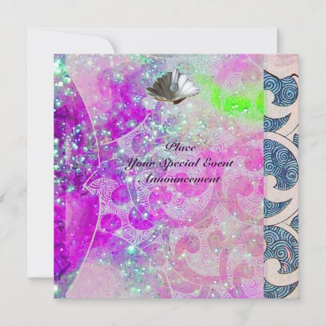 INVITATION VAGUES ABSTRAITES ROSE BLEU VIOLET COQUILLAGES, PA (Devant)