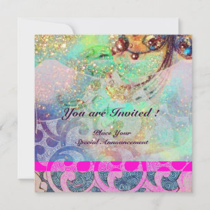 Invitation VAGUES , bleu violet brillant rose vert or scintil
