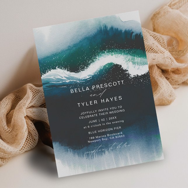 Invitation Vagues côtières Marine Plage Océan Mariage élégant (coastal wedding invitation modern minimalist elegant beach ocean waves watercolor navy blue teal)
