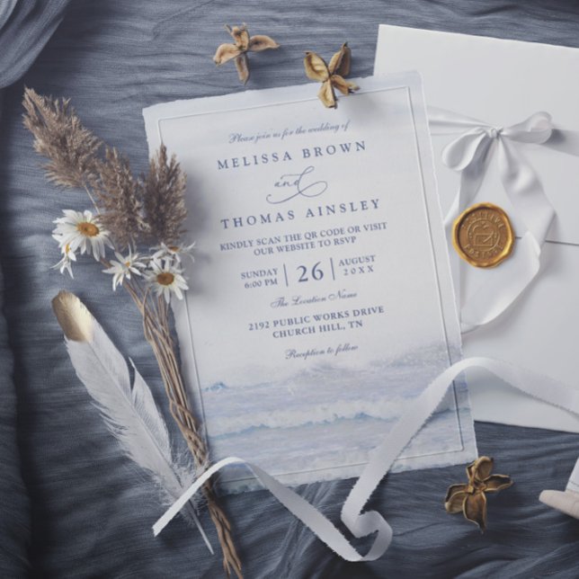 Invitation Vagues de l'océan Bleu Blanc Mariage Code QR Aquar (Créateur téléchargé)