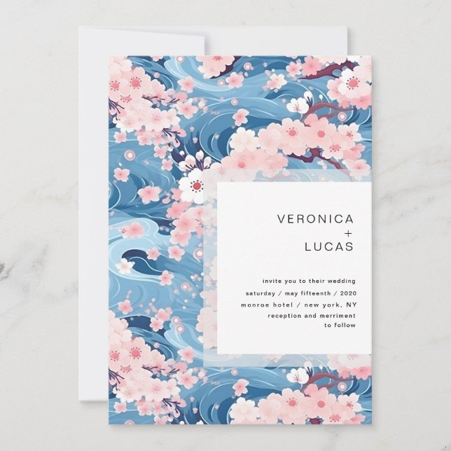 Invitation Vagues de marine Sakura Blossom Mariage moderne (Devant)