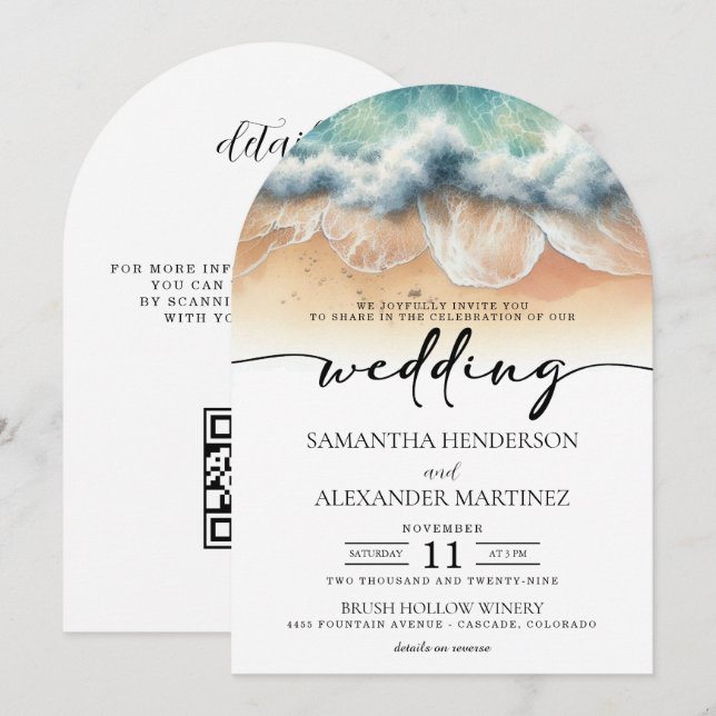 Invitation Vagues de plage avec mariage à code QR (Devant / Derrière)