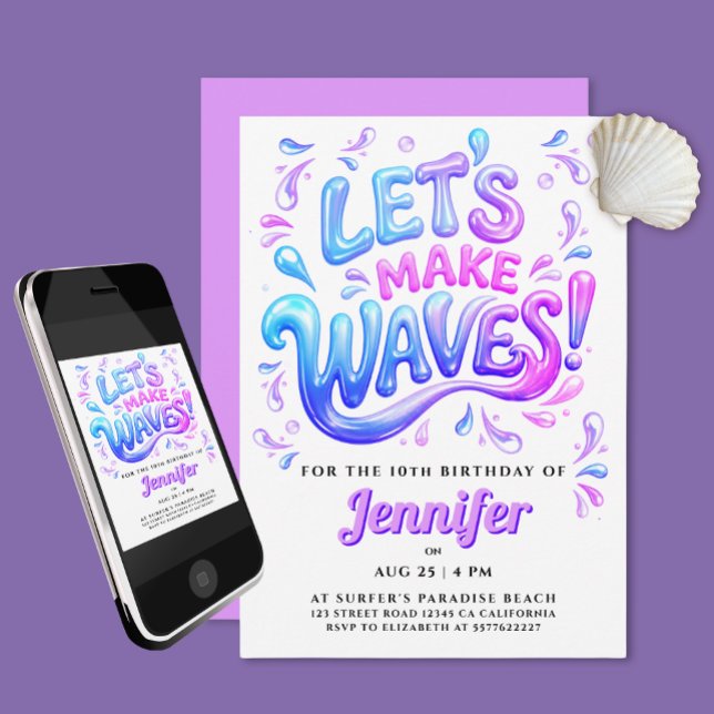 Invitation Vagues de surfeuse rose et violet féminin Splish S (Créateur téléchargé)