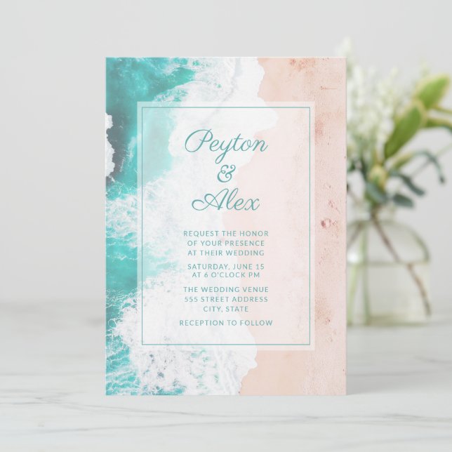 Invitation Vagues d'océan turquoise Plage Mariage tropical  (Debout devant)