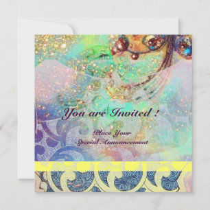 Invitation VAGUES , jaune bleu vert rose or brillant