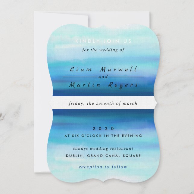 Invitation Vagues minimalistes à l'aquarelle bleue (Dos)