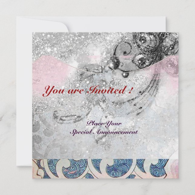 Invitation VAGUES RUBIS, noir et blanc bleu rose scintillant (Devant)